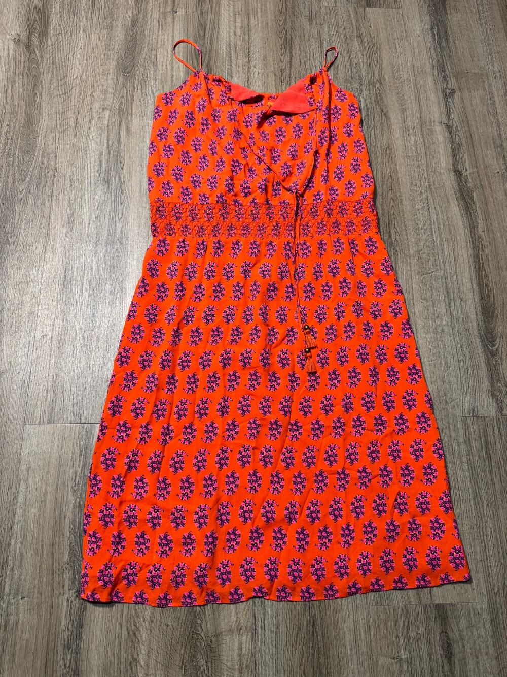 Tory Burch Women's Orange Midi Dress with Pink Floral Print